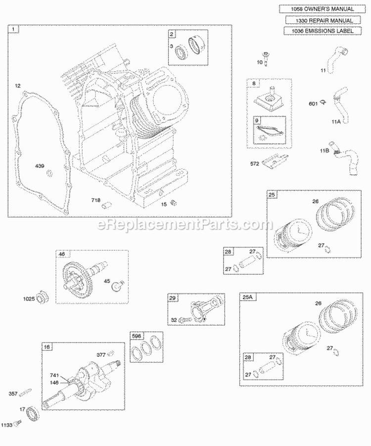 Camshaft Crankshaft Cylinder PistonRingsConnecting Rod Diagram and Parts List for  Briggs and Stratton Engine